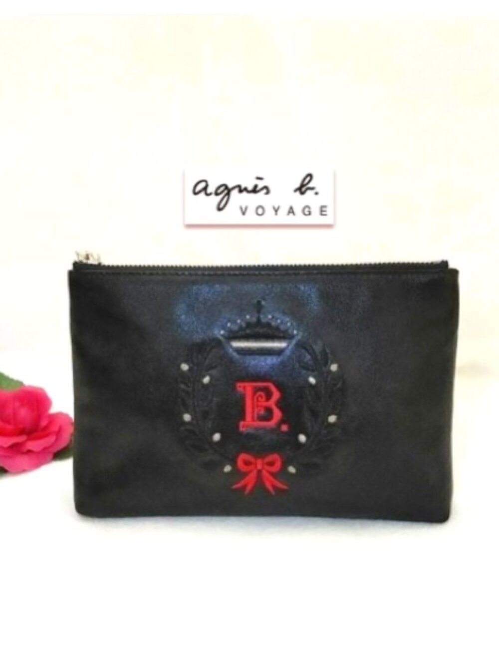 Agnes b. Voyage Black Genuine Leather Mini Clutch Purse Red Silver Embroidery